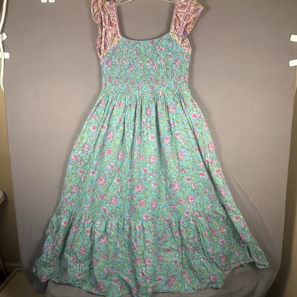 Islapayal Paris Midi Dress Womens Medium Teal Floral Smocked Off The Shoulder - Picture 3 of 8